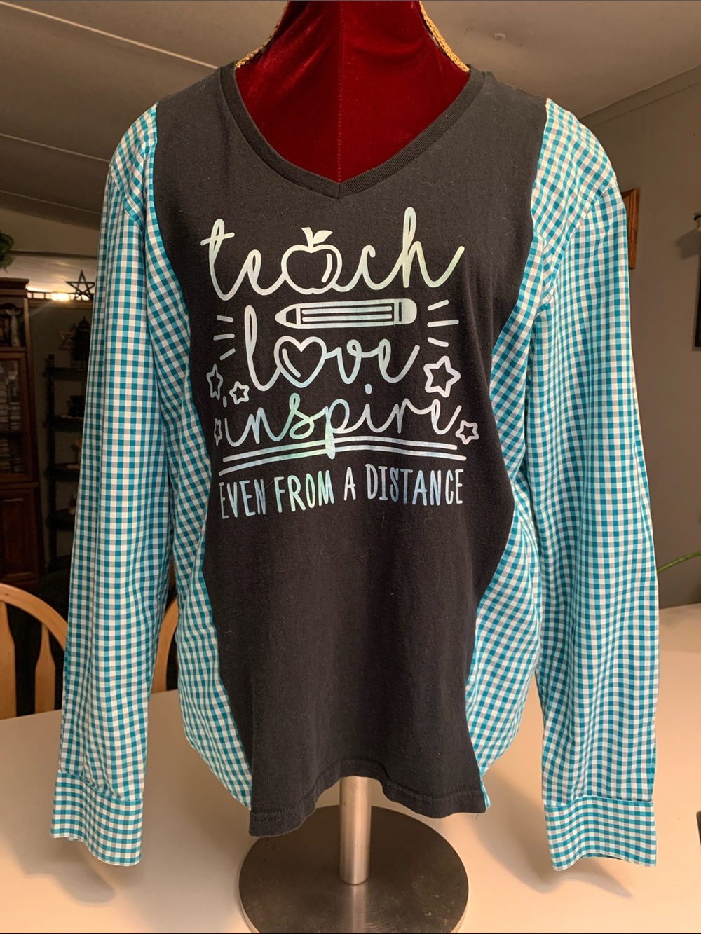 Upcycled Womens Grsphic Black Tee with Teal Plaid Sleeves
